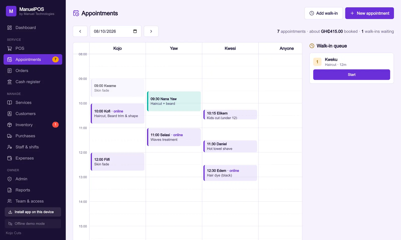 A barbershop's appointments for the day by barber, with online bookings marked