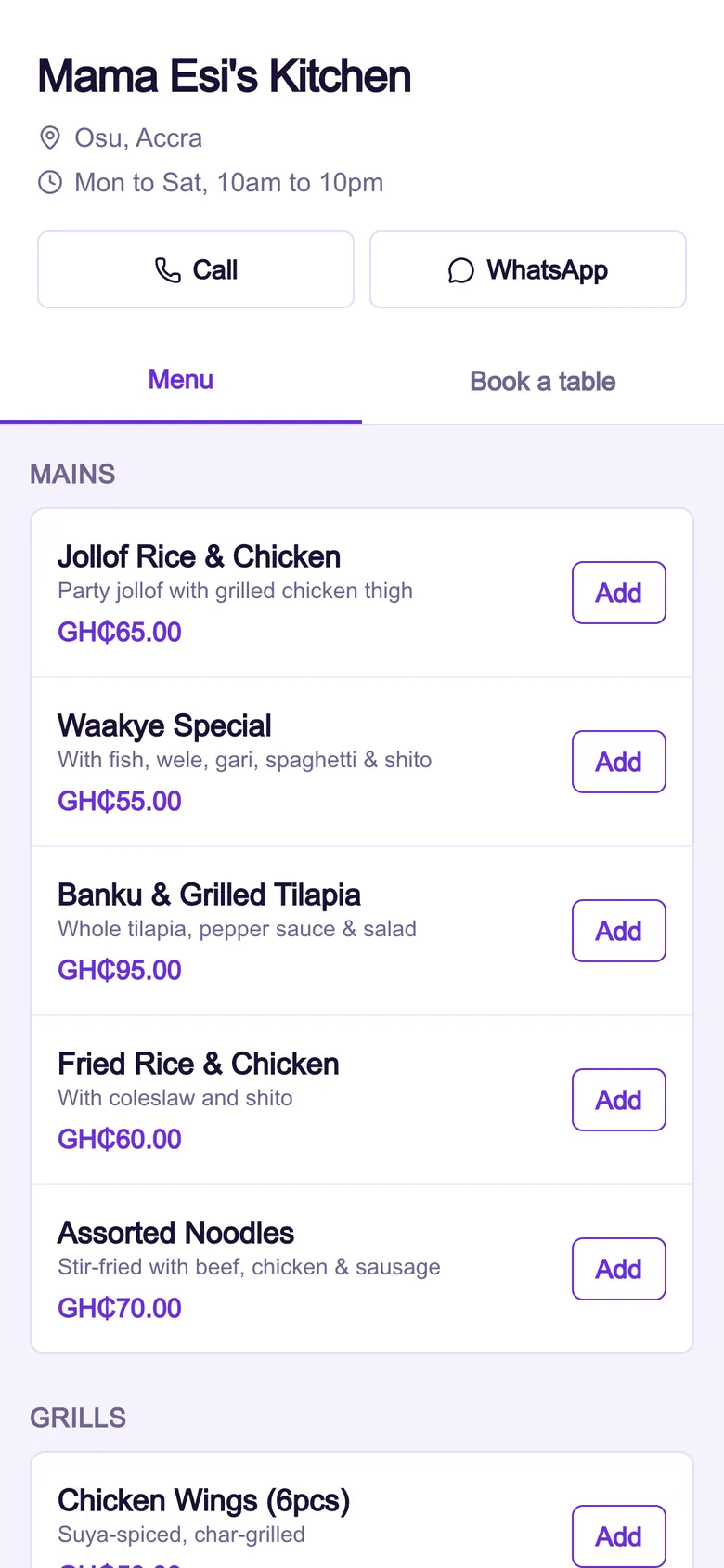 A restaurant's public menu page on a phone with Call, WhatsApp and Book a table